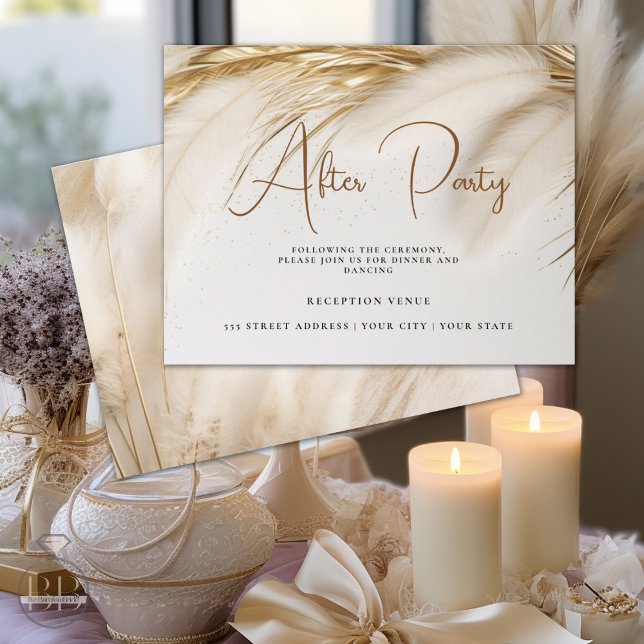 Tarjeta De Recepción Elegantes pampas de oro bohemias después de Fiesta (Subido por el creador)