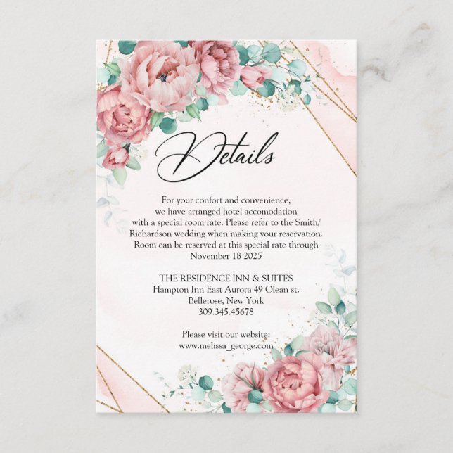 Tarjeta De Recepción Elegantes peonías rosadas eucalipto detalles de or (Anverso)