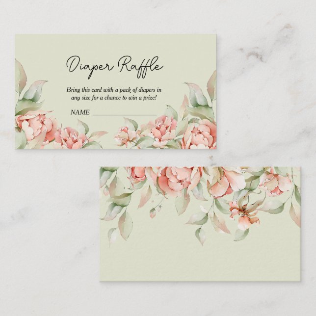 Tarjeta De Recepción Elegantes peonías verdes Baby Shower Diaper Raffle (Anverso / Reverso)