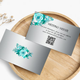 Tarjeta De Recepción Elegantes Rosas de Aqua y sitio web Boda Plateado