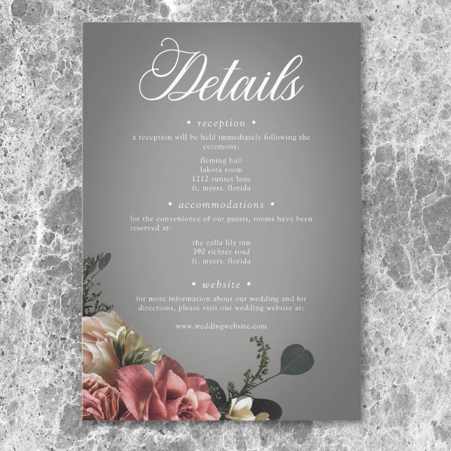 Tarjeta De Recepción Elegantes Rosas de flores blancas rosadas Boda gri (Elegant Pink White Floral Roses Gray Wedding Enclosure Card)