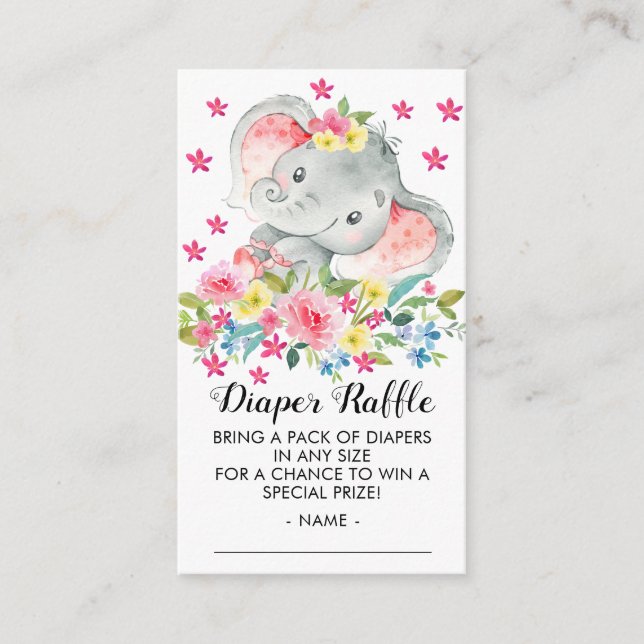 Tarjeta De Recepción Elephant Baby Girls Shower Diaper Raffle Ticket (Anverso)