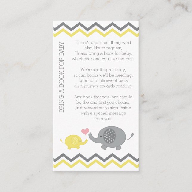 Tarjeta De Recepción Elephant Baby Shower Bring a Book Insert | Amarill (Anverso)