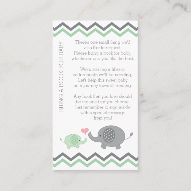 Tarjeta De Recepción Elephant Baby Shower Bring a Book Insert | Verde (Anverso)