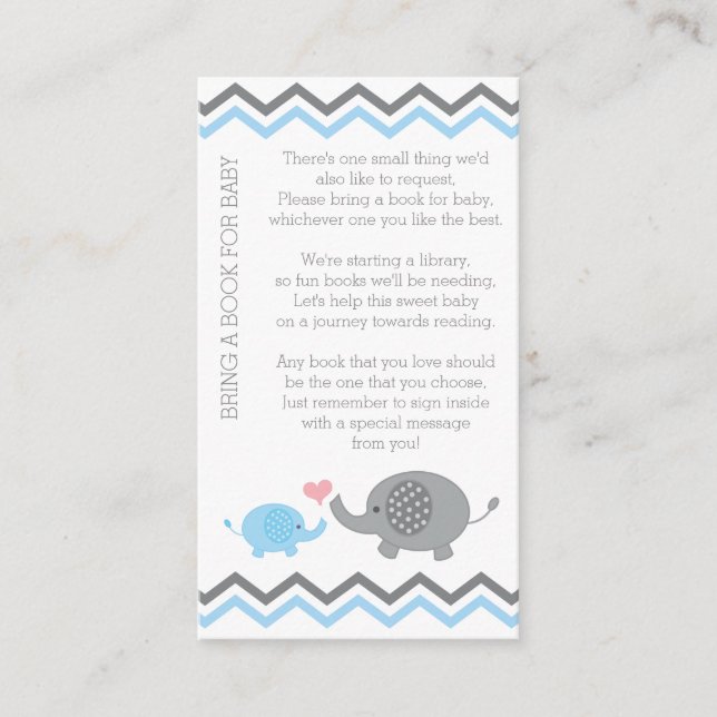 Tarjeta De Recepción Elephant Baby Shower Bring un libro Insert Blue Bo (Anverso)