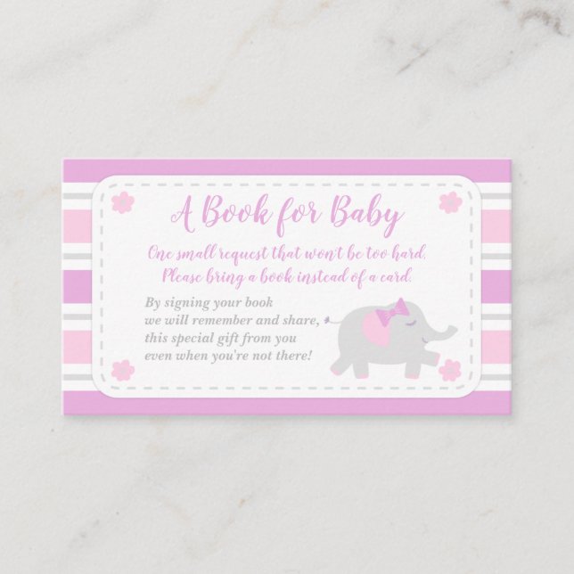 Tarjeta De Recepción Elephant Baby Shower Chica Trae Un Libro | Rosa (Anverso)