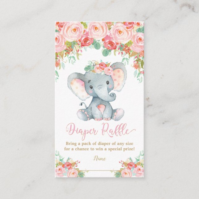 Tarjeta De Recepción Elephant Baby Shower Diaper Raffle Baby Girl (Anverso)