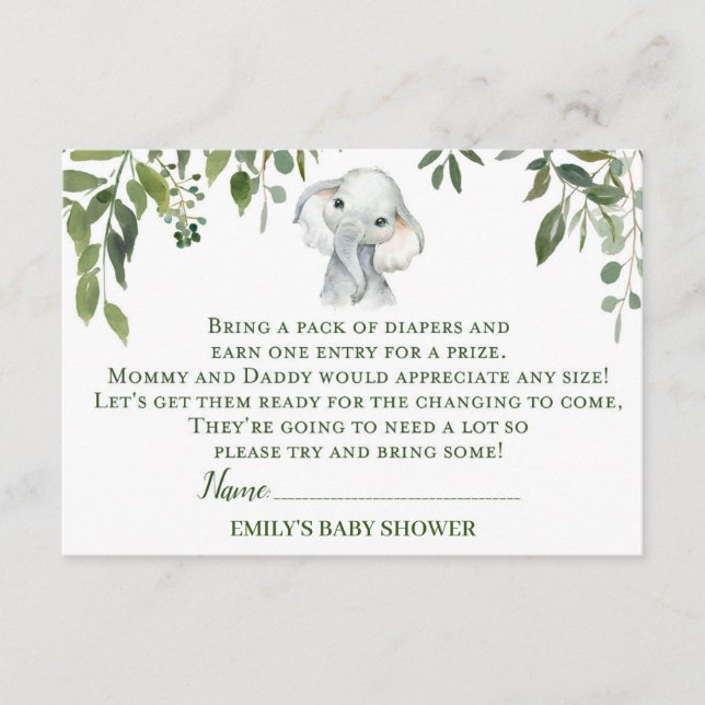 Tarjeta De Recepción Elephant Baby Shower Diaper Raffle Card (Anverso)