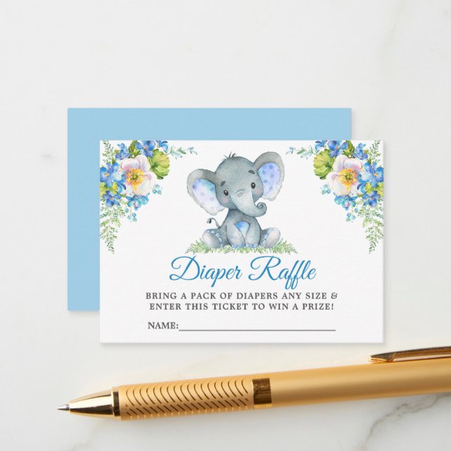 Tarjeta De Recepción Elephant Blue Floral Baby Shower Diaper Raffle (Anverso/Reverso In Situ)