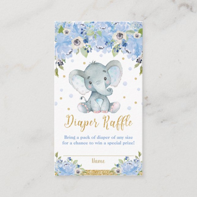 Tarjeta De Recepción Elephant Blue Floral Baby Shower Diaper Raffle (Anverso)