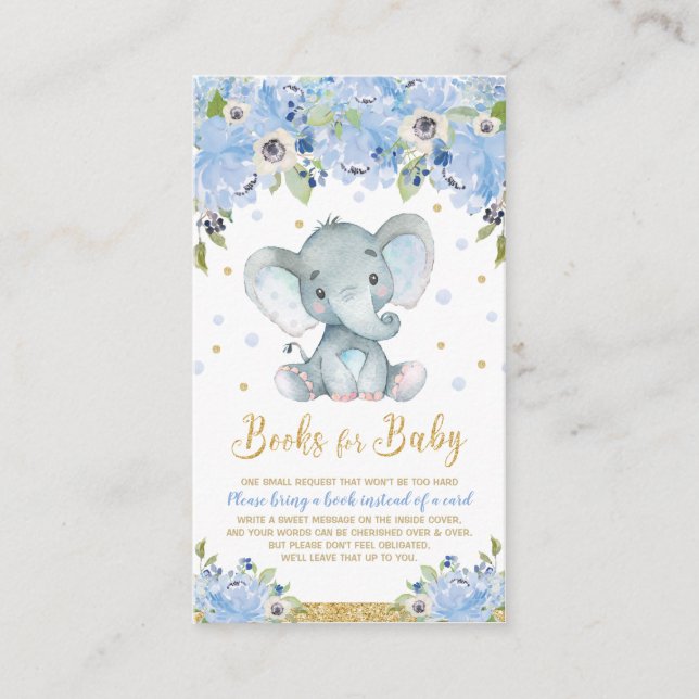 Tarjeta De Recepción Elephant Blue Floral Baby Shower trae un libro (Anverso)