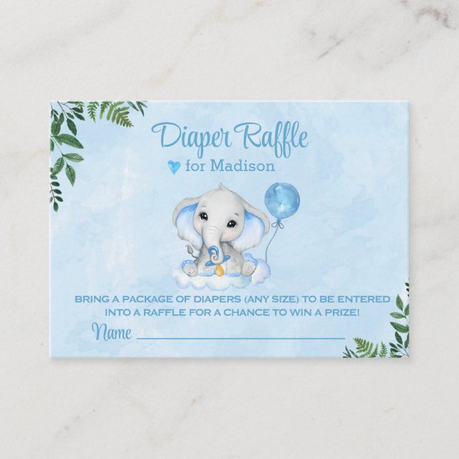 Tarjeta De Recepción Elephant Cute Blue Baby Shower Diaper Raffle (Anverso)