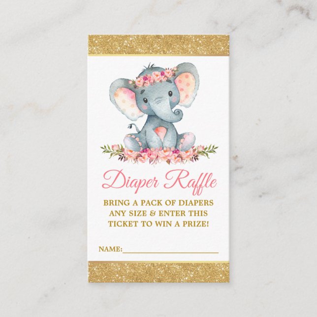 Tarjeta De Recepción Elephant Diaper Raffle Floral Baby Shower Purpurin (Anverso)