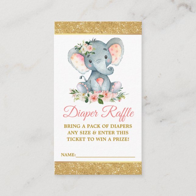 Tarjeta De Recepción Elephant Diaper Raffle Purpurina Baby Shower rosa (Anverso)