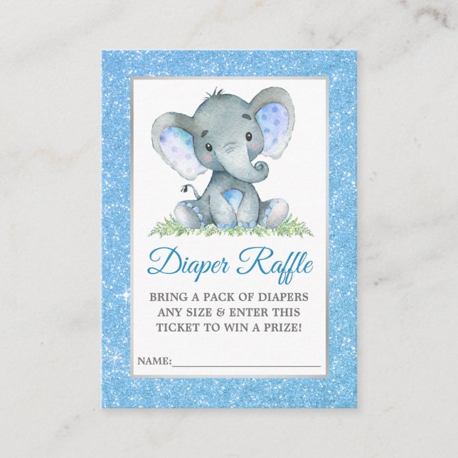 Tarjeta De Recepción Elephant Diaper Raffle Shower Purpurina azul (Anverso)