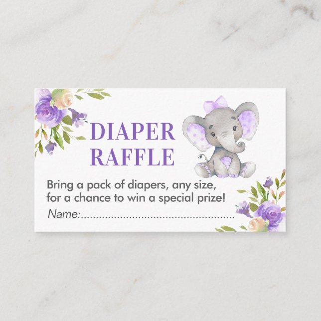Tarjeta De Recepción Elephant Diaper Raffle Ticket Lavender Baby Shower (Anverso)