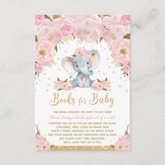 Tarjeta De Recepción Elephant Floral Baby Shower trae un libro (Anverso)