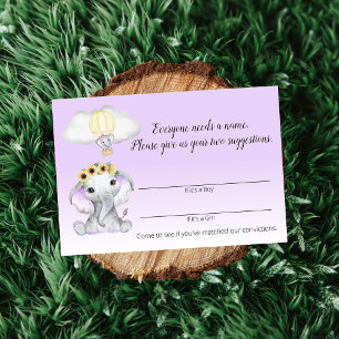 Tarjeta De Recepción Elephant Hot Air Balloon Baby Name Game Purple