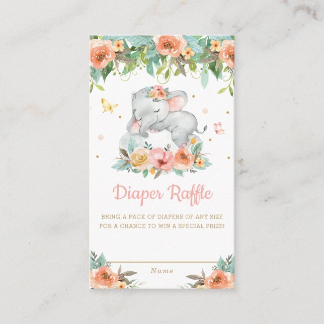 Tarjeta De Recepción Elephant Peach Floral Baby Shower Diaper Raffle (Anverso)