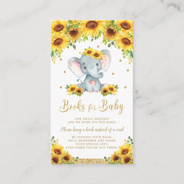 Tarjeta De Recepción Elephant Sunflower Baby Shower trae un libro (Anverso)
