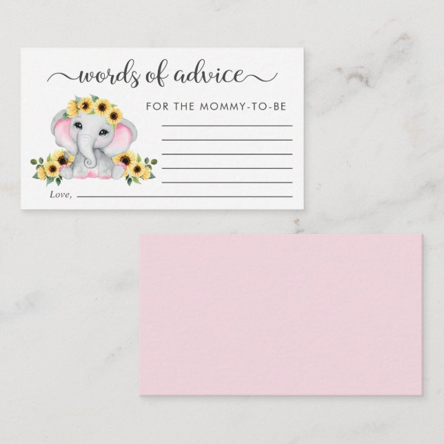 Tarjeta De Recepción Elephant Sunflowers Palabras de Consejos Baby Show (Anverso / Reverso)