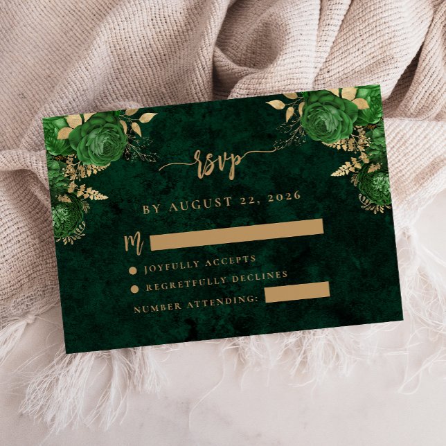 Tarjeta De Recepción Emerald Green Gold Floral Agate Wedding RSVP (Subido por el creador)