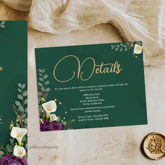 Tarjeta De Recepción Emerald & Ivory Botanical Elegance Wedding (Emerald & Ivory Botanical Elegance Wedding Enclosure Card)