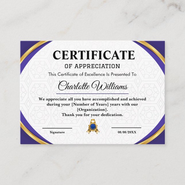 Tarjeta De Recepción Employee Recognition Appreciation Gold Certificate (Anverso)