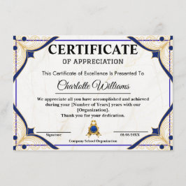 Tarjeta De Recepción Employee Recognition Certificate Blue Gold