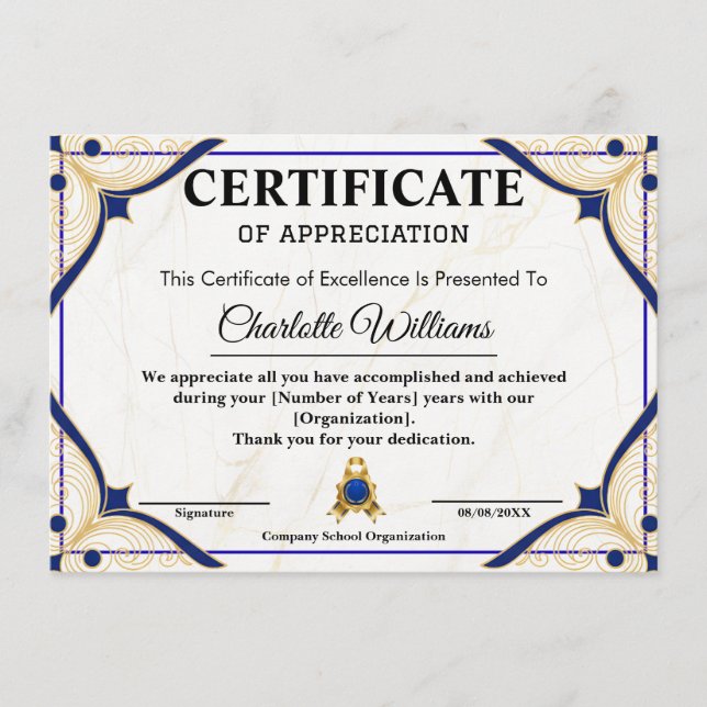 Tarjeta De Recepción Employee Recognition Certificate Blue Gold (Anverso)