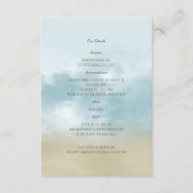 Tarjeta De Recepción En la orilla del océano surf detalles de boda play (Anverso)