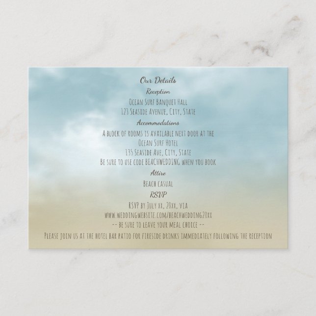 Tarjeta De Recepción En la orilla del océano surf detalles de boda play (Anverso)