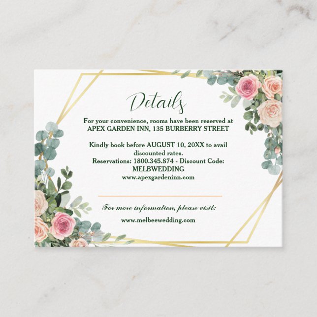 Tarjeta De Recepción Enc Boda Geométrico Floral de Eucalipto Rosa Rubor (Anverso)