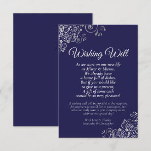 Tarjeta De Recepción Encaje plateado sobre el Boda azul de la marina de