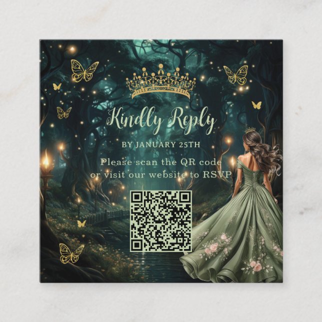 Tarjeta De Recepción Encantada Selva Verde Quinceañera QR RSVP (Anverso)
