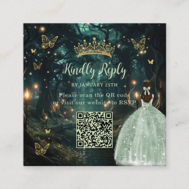 Tarjeta De Recepción Encantada Selva Verde Quinceañera QR RSVP (Anverso)