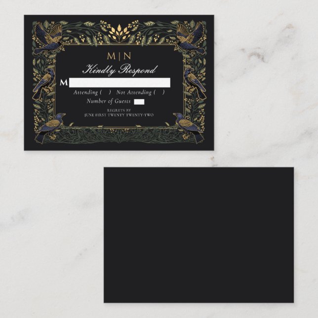 Tarjeta De Recepción Encantado Boda floral gótico Raven Floral Green RS (Anverso / Reverso)