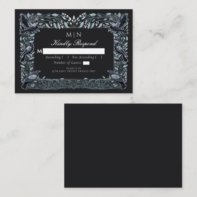 Tarjeta De Recepción Encantado Boda floral gótico Raven Silver RSVP (Anverso / Reverso)