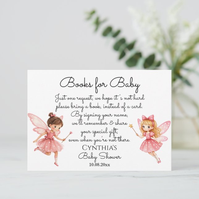 Tarjeta De Recepción Encantadores libros de hadas rosas para Baby Showe (Anverso de pie)