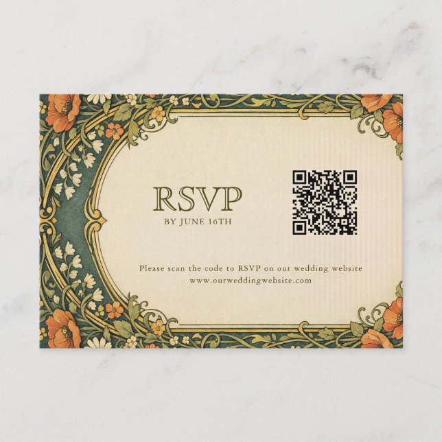Tarjeta De Recepción Enchanted Forest Art Nouveau RSVP with QR Code (Anverso)