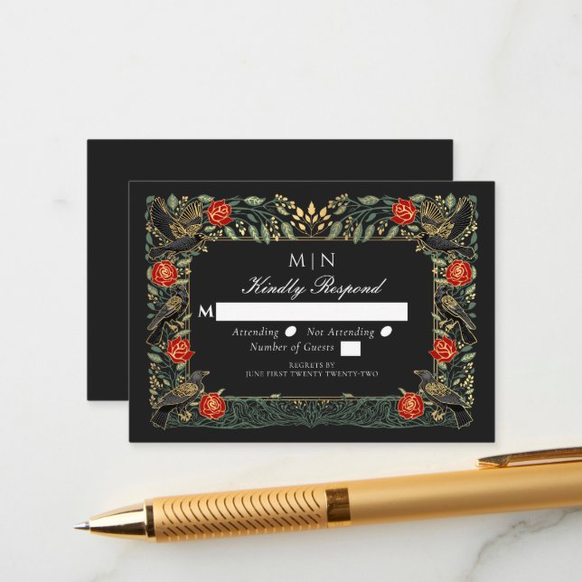 Tarjeta De Recepción Enchanted Gothic Raven Roses Wedding Silver RSVP  (Anverso/Reverso In Situ)