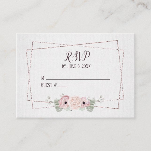 Tarjeta De Recepción Enfoque rosa RSVP de bodas y marco Purpurina (Anverso)