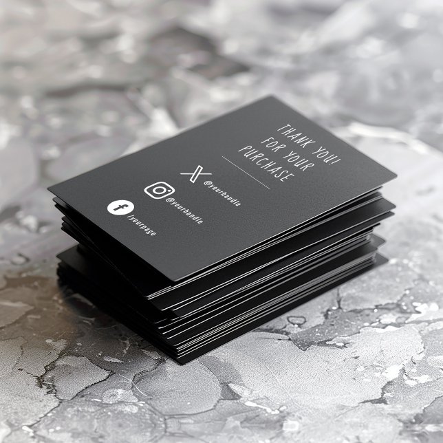 Tarjeta De Recepción Enlaces sociales blancos sobre la apreciación del  (A modern black enclosure card that says "THANK YOU FOR YOUR PURCHASE" in a fun text and social icons)