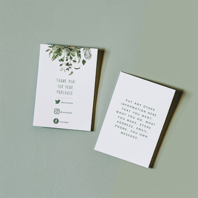 Tarjeta De Recepción Enlaces sociales, hojas verdes gracias a insertar  (Green leaves, colored social links and fun text thank you enclosure card for orders.)