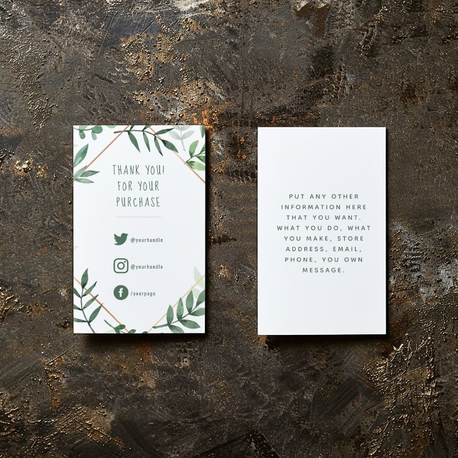 Tarjeta De Recepción Enlaces sociales, hojas verdes para insertar tarje (Green leaves and gold border, fun text enclosure card to say thank you to your customers.)