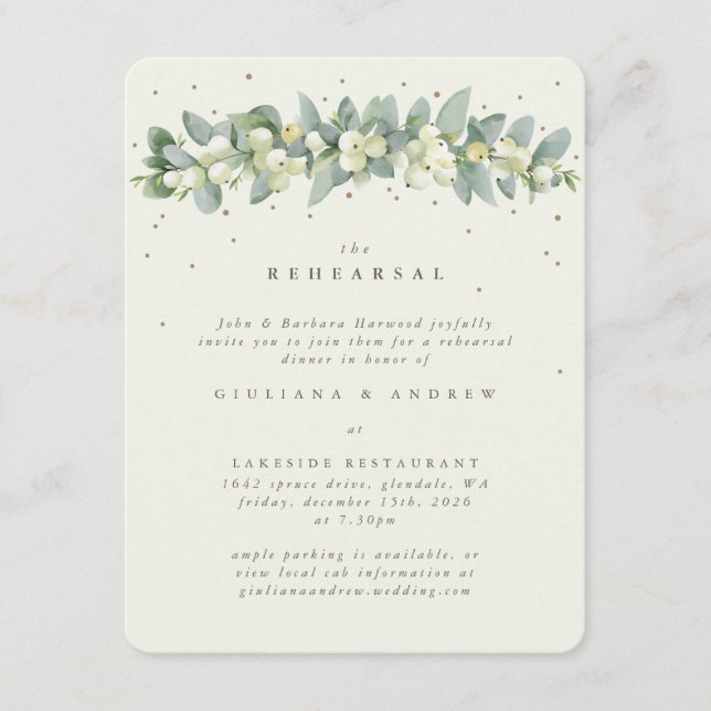 Tarjeta De Recepción Ensayo Boda Cream Snowberry+Eucalyptus (Anverso)