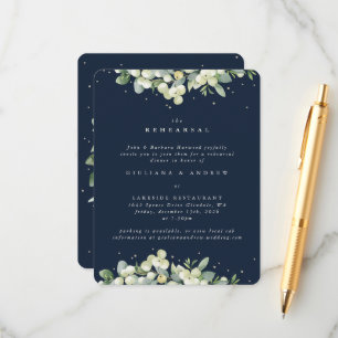 Tarjeta De Recepción Ensayo Boda de borde de nevado y eucalipto