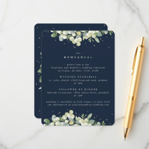 Tarjeta De Recepción Ensayo Boda de borde de nevado y eucalipto