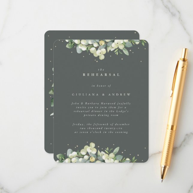 Tarjeta De Recepción Ensayo Boda de borde verde de nieve + eucalipto (Anverso/Reverso In Situ)
