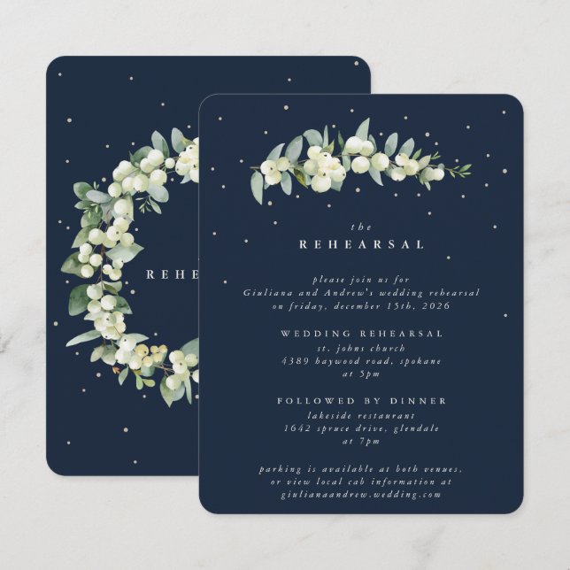 Tarjeta De Recepción Ensayo Boda de la Marina Oscura Snowberry+Eucalypt (Anverso / Reverso)